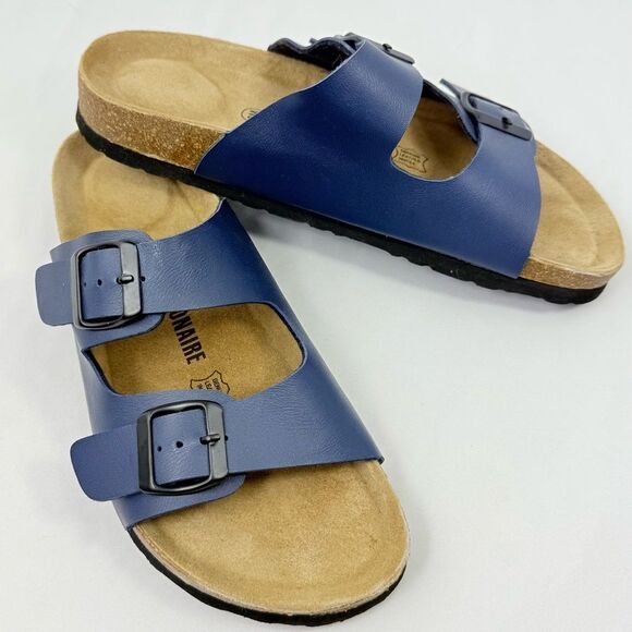 Cushionaire LANE Blue Nappa Leather Suede Pad Double Strap Slide Sandal - Picture 8 of 16